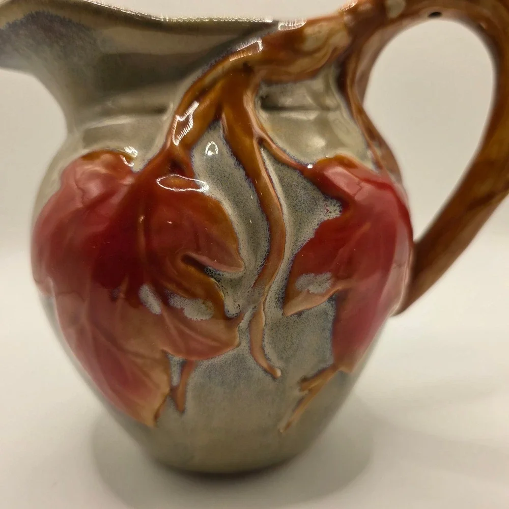 Vintage Studio Pottery Glazed Stoneware Maple Leaf Pitcher Branch Handle 5.5